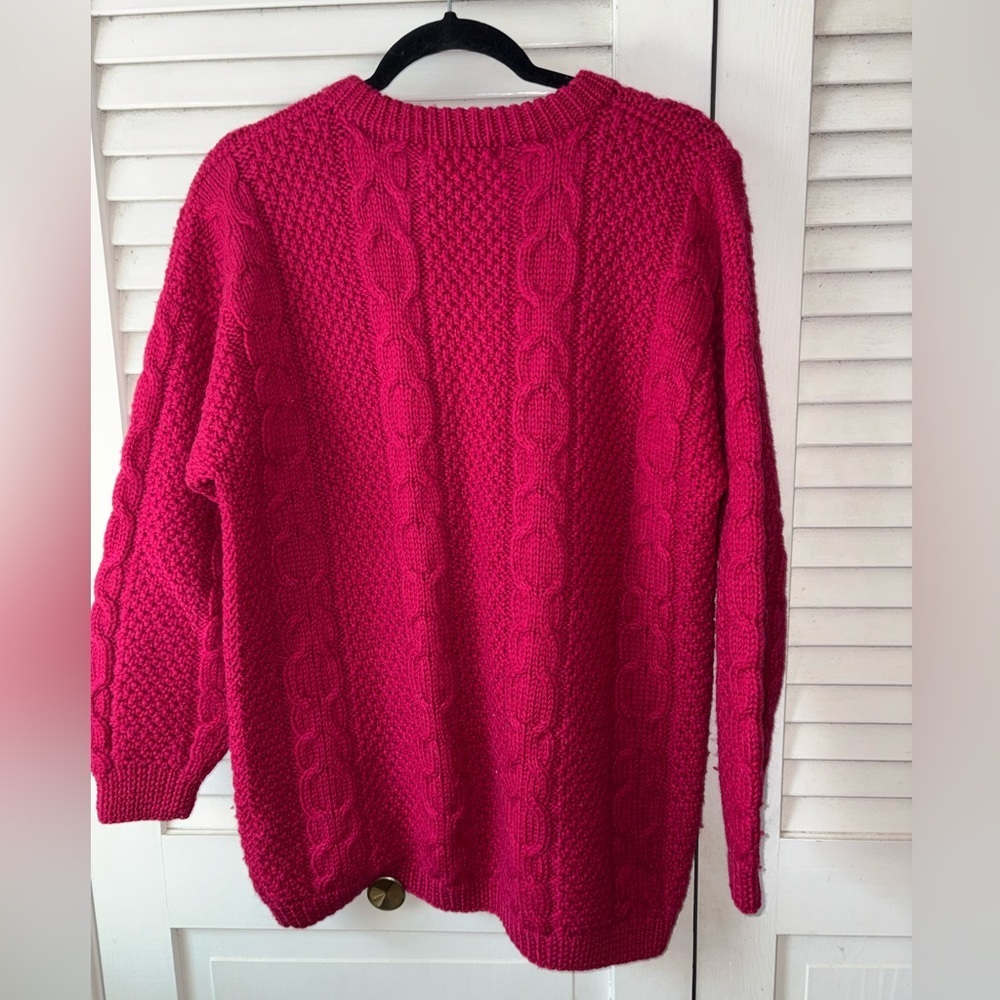 Vintage L.L.Bean Fisherman Cable Knit Wool Sweater Hot Pink Oversized Small - Picture 5 of 5